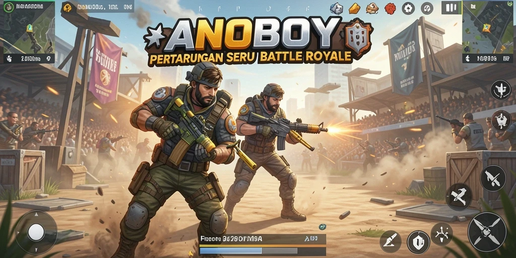 Screenshot ANOBOY menunjukkan aksi pertarungan seru Battle Royale.