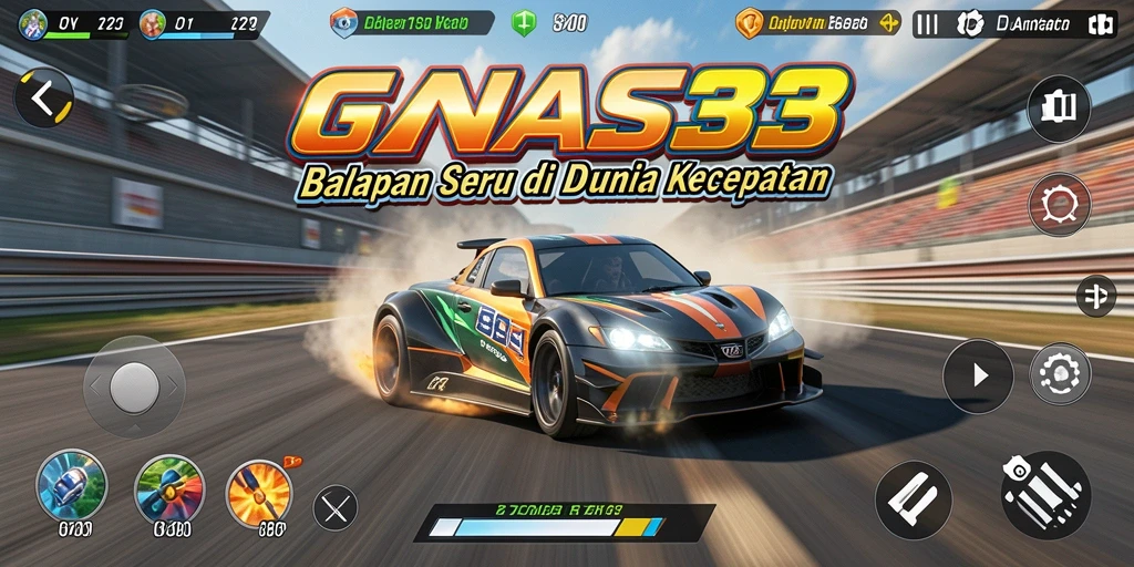 Tampilan gameplay seru dalam GANAS33 yang menunjukkan balapan mendebarkan.