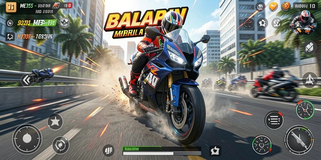 Tampilan gameplay ME355 yang penuh aksi dalam balapan motor.