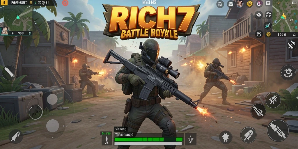 Screenshot utama RICH7 menampilkan aksi intens Battle Royale.